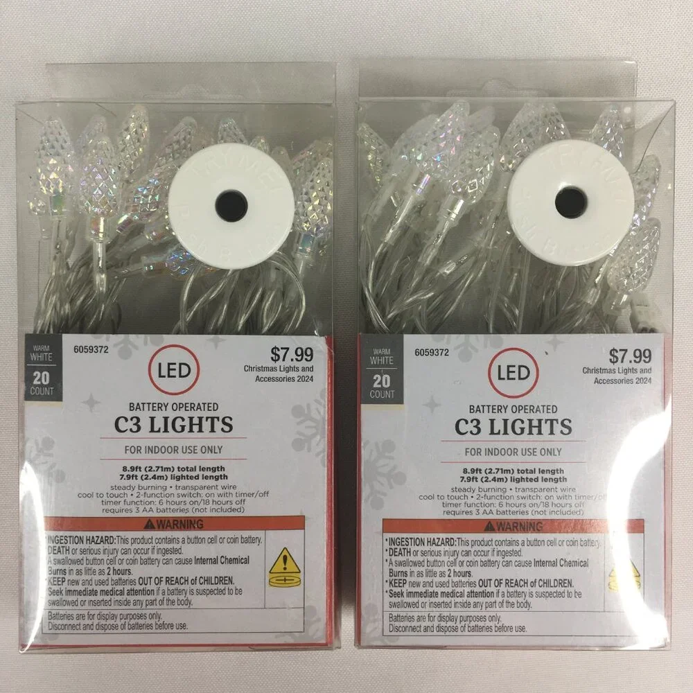 2 Packs of Battery Operated C3 Christmas Lights 20 Count Warm White with Timer